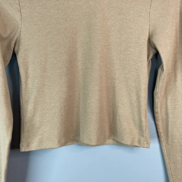 American Eagle Ribbed Cropped Mock Neck Shirt Tan Brown Long Sleeves M - Picture 4 of 10
